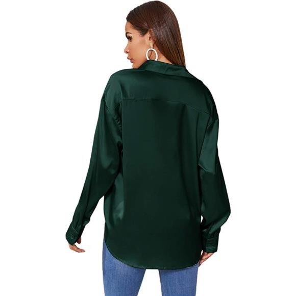 HOT Satin Silk Long Sleeve Blouse Button Down Shirt Casual Top, Green - Picture 2 of 6